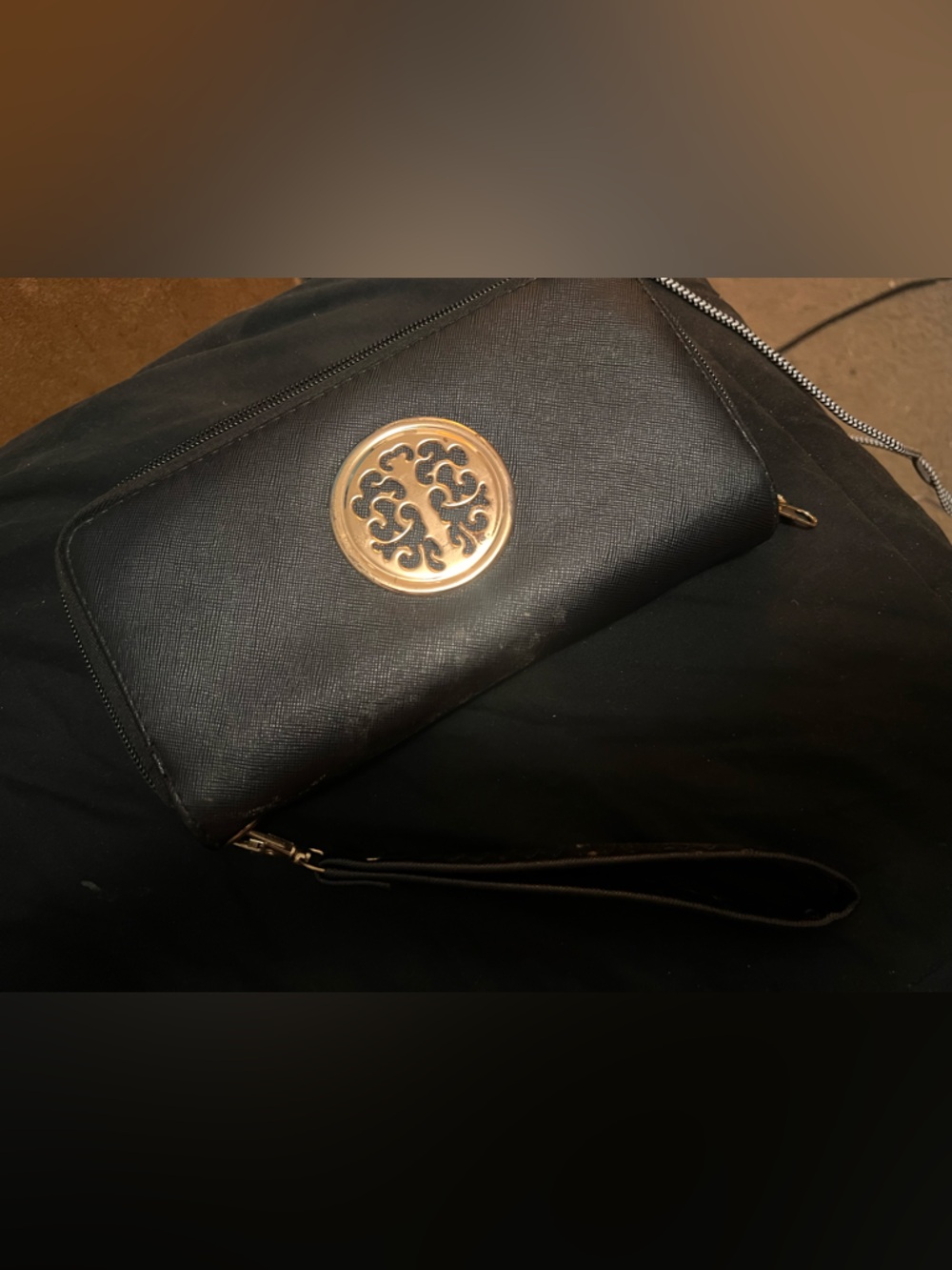 Black Wristlet Wallet with Gold Medallion